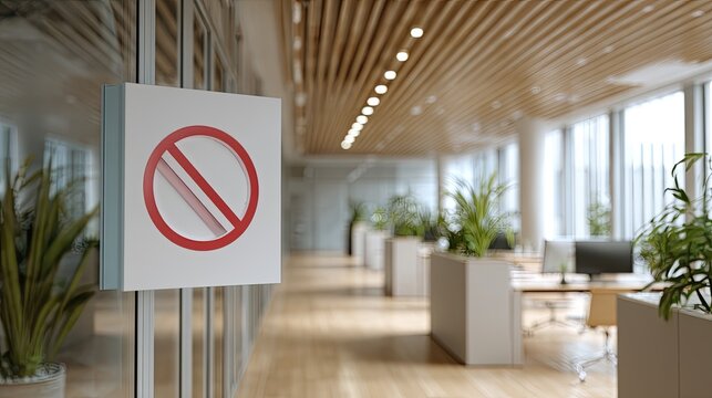 A no-entry sign is mounted on glass in a modern office space