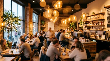 Obraz premium Cozy restaurant interior with people dining and sitting at tables