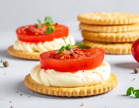 Close-up of cracker appetizers. Crackers topped with creamy sauce, sliced red tomatoes, and herb sprigs. Some crackers stacked nearby