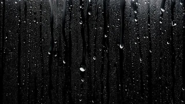 Water droplets on a clear glass pane showing a black damp surface and autumn weather overlay blackscreen effect 4k 60fps