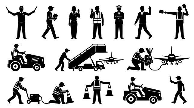 Airport Ground Crew Silhouettes - Aircraft Service and Safety Icons