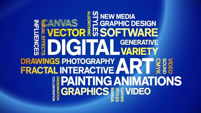 Digital Art animated word cloud-text design animation tag kinetic typography seamless loop.