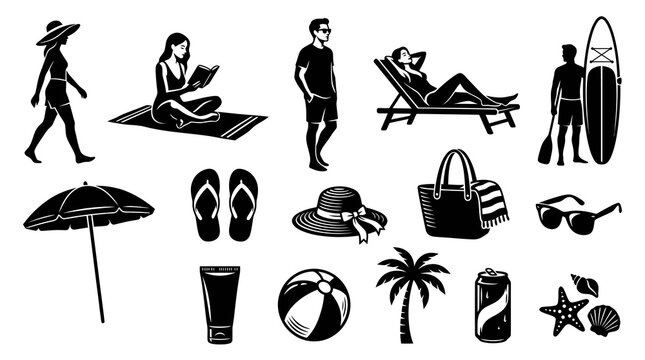 Beach Vacation Summer Leisure Activities Icons Set in Black  White Silhouette Style