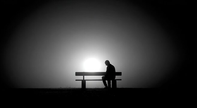 Solitary figure silhouetted on bench against a bright, misty light