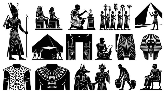 Ancient Egyptian Culture Glyph Silhouettes Vector Icon Set - Pharaohs, Gods, Pyramids  Rituals in Black and White