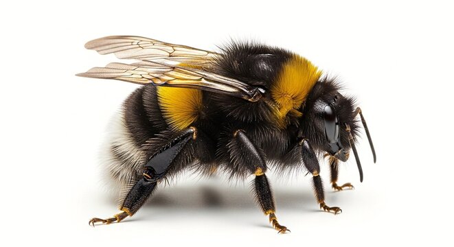 A close-up image of a bumblebee with detailed wings and fuzzy body, collecting pollen from a flower against a plain white background