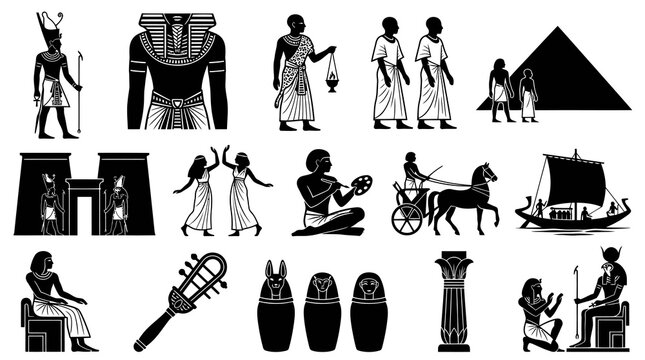 Ancient Egypt Black  White Silhouettes Vector Icon Set: Pharaohs, Gods, Pyramids, Mummies  Egyptian Culture Symbols