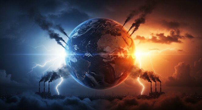 A depiction of Earth experiencing extreme weather conditions with lightning and pollution emanating from industrial factories during a dramatic sunset and stormy sky.