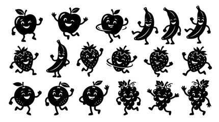 Obraz premium Dancing Black and White Fruit Characters Cartoon Icons - Happy Healthy Food Silhouettes