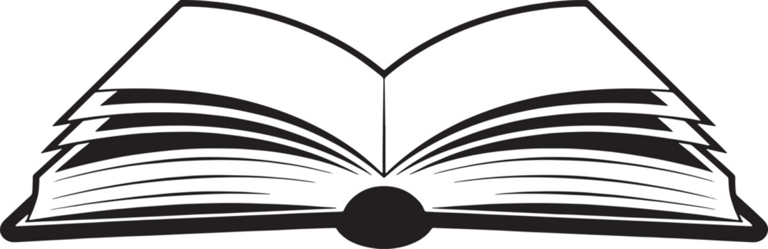 Open black and white book with fanned pages and a central binding open book