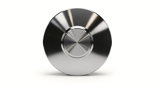 A close-up photograph of a modern stainless steel knob with a reflective shiny surface and concentric circular design details