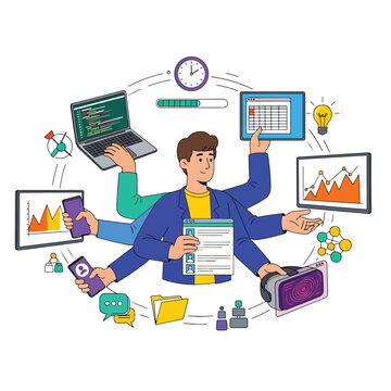 Businessman multitasking with various devices.