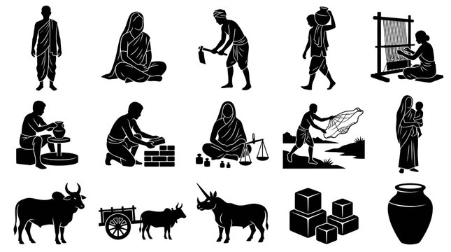 Traditional Indian Culture Livelihoods People and Crafts Black Silhouettes Icon Set