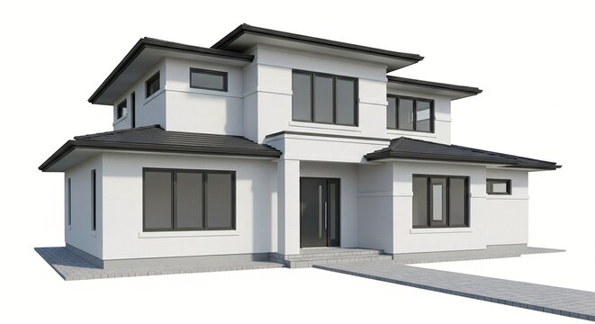 A modern two-story white house with large windows and a flat architectural design situated in a clean outdoor environment