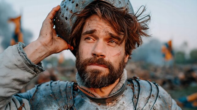 War-torn knight adjusts battered helmet with weary gaze.