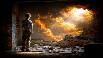 Fototapeta premium Young man backlit ruined building sunlight ray dramatic cloud heavenly light hope surreal graffiti wall rubble floor Young man ruined building heavenly light and dramatic cloud, sunlight ray