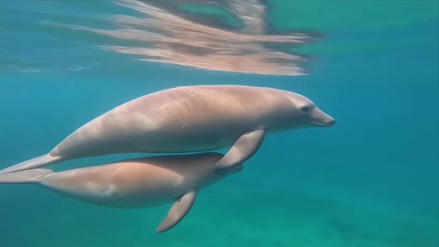 Underwater Beluga Whales Glide Through Turquoise Ocean Clear Light.