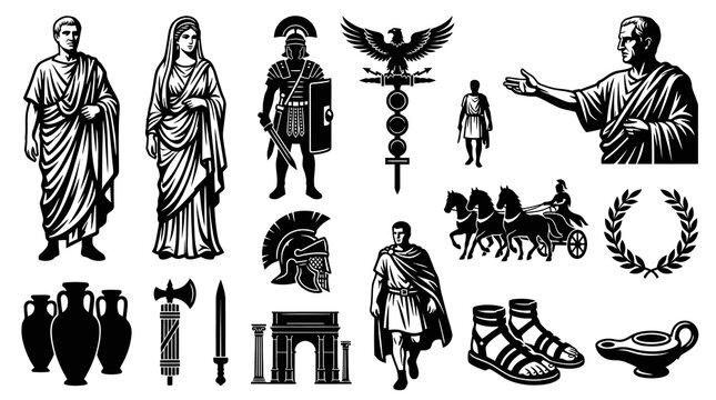 Ancient Rome Black  White Line Art Collection of Historical Characters, Symbols  Artifacts
