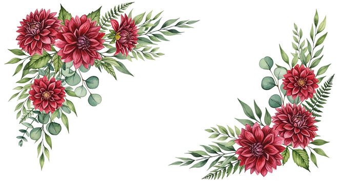 Red flower corner frame with green leaves border