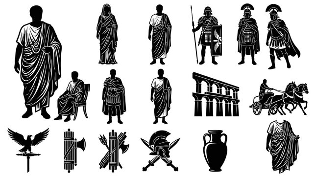 Ancient Roman Empire Silhouette Vector Icons Set - People, Soldiers, Architecture, Symbols
