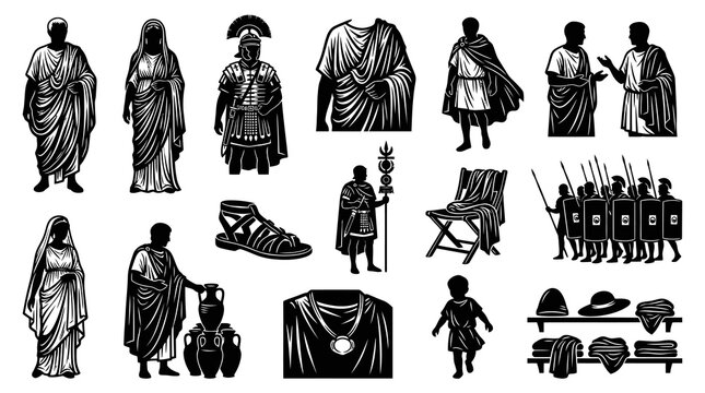 Ancient Roman Figures, Soldiers, Clothing, and Artifacts Black and White Vector Art