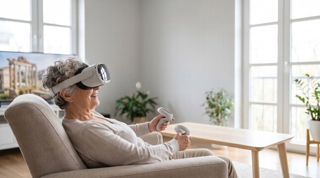 A smiling elderly woman sitting comfortably in a modern living room wearing a sleek VR headset, experiencing a virtual travel simulation, soft natural lighting.Copy space