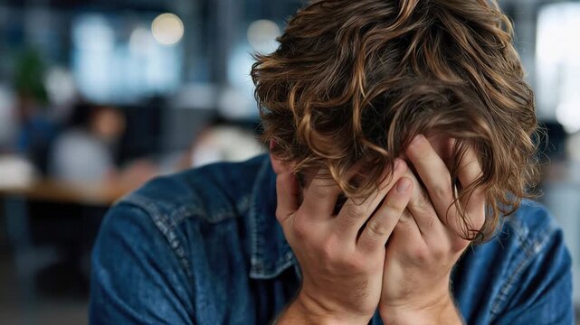 Man in office shows frustration by covering his face with his hand during a busy workday filled with stress and disappointment