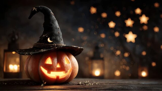 Glowing pumpkin with a witch hat sits on a wooden table during Halloween night with lanterns and stars in the background