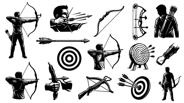 Archery Sport Black and White Vector Illustrations Set with Archers, Bows, Arrows, Targets, and Crossbows