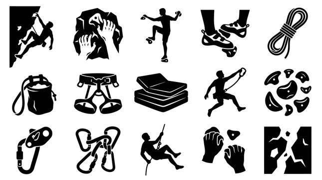 Rock Climbing and Bouldering Icons Set. Adventure Sport Gear and Climber Silhouettes Vector Glyphs.