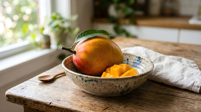 Ripe mango with leaf in ceramic bowl with chopped mango pieces on rustic wooden table, kitchen still life