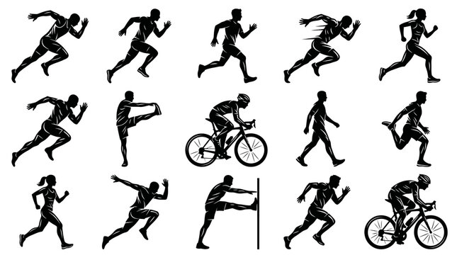 Silhouette Icons of Athletes Running, Cycling, and Stretching, Sports Vector Art