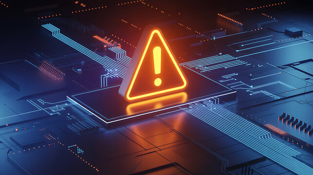 Orange glowing attention exclamation mark triangular icon positioned on top of modern dark electronic motherboard platform with blue illuminated data streams flowing through.