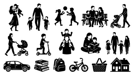 Obraz premium Family Life and Parenthood Silhouettes Icon Set. Parents, Children, Home, Stroller, Car, Bike, Books, Backpack Glyphs.