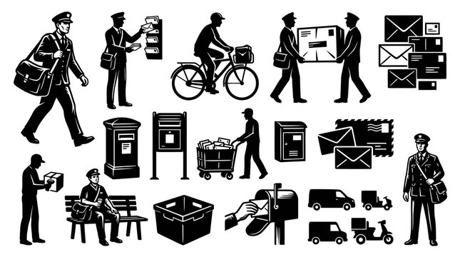 Black  White Vector Icons: Postmen, Mailboxes, and Delivery Vehicles