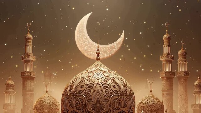 Eid Mubarak celebration background with crescent moon and mosques with detailed architecture during night time for seamless looping