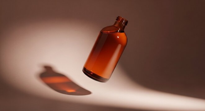 Floating Amber Glass Bottle in Warm Studio Light.