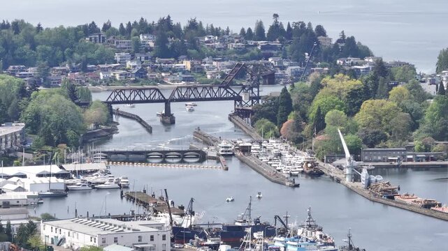 Cinematic View of Ballard Locks with boat in chamber