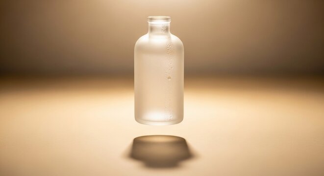 Minimalist frosted glass bottle levitating in warm ambient light.