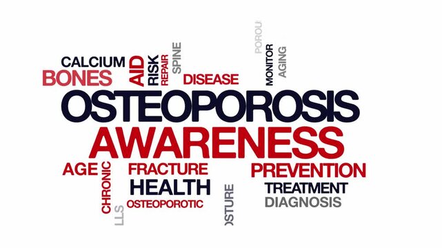 osteoporosis awareness concept Animated Tag Word Cloud kinetic typography, Text Design Animation typography seamless loop video motion graphics Intro Wordart tagcloud red grey type on white background