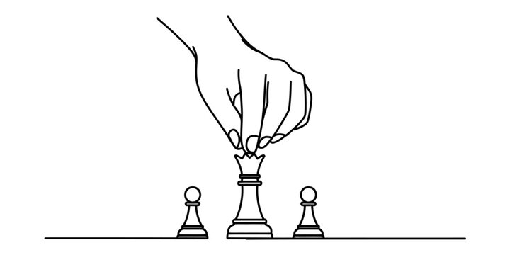 Continuous single line drawing of a human hand moving a chess queen piece on a board with pawns Vector, illustration