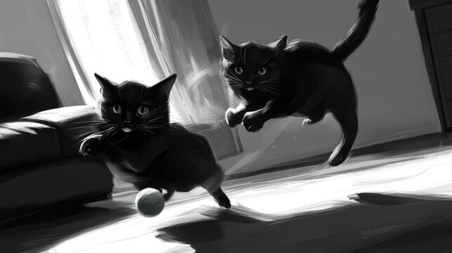 Black & white digital illustration of two kittens playing in a sunlit room