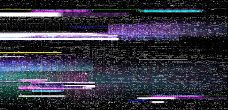 Abstract digital glitch background with dark purple and blue textures featuring horizontal signal distortion noise and pixelated error effects for futuristic tech design