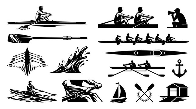 Rowing and Boating Sports Icons Set - Black  White Silhouettes of Rowers, Boats, and Equipment