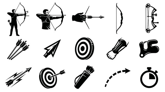 Archery Icons: Black and White Vector Set for Sports and Target Practice