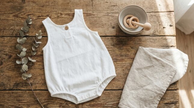 White linen baby romper with wooden rattle on a natural surface