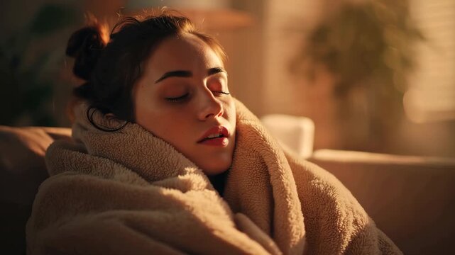 Relaxed woman enjoys slow motion video while wrapped in a blanket in a cozy room during evening light