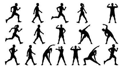 Fototapeta premium Black White Silhouette of People Exercising, Running, Walking, Stretching, Fitness Set