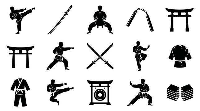 Martial Arts  Japanese Culture Glyph Icons Set. Vector Black  White Silhouettes of Karate, Katana, Nunchaku, Torii.