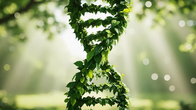 Dna double helix structure made of green leaves in a natural forest